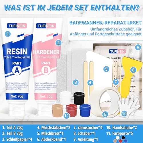 Badewannen Reparaturset Weiß 140g (Farbübereinstimmung), TUFINEIN Emaille Reparaturset für Porzellan, Keramik, Acryl, Reparatur von Rissen, Sprüngen und Löchern auf Fliesen/Waschbecken/Duschwanne