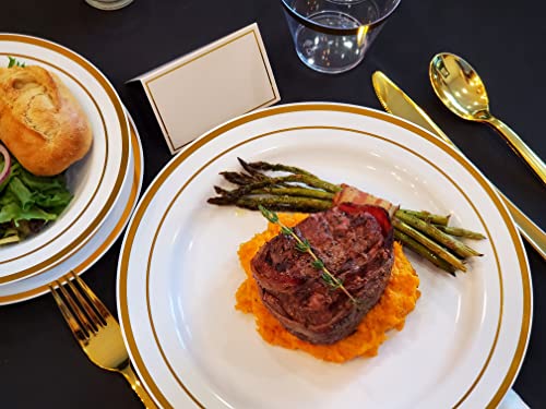 200 Piece Gold Dinnerware Set For 25 Guests, Disposable Gold Plastic Plates, 25 Linen-Feel Napkins, 25 Gold Plastic Silverware Set, Place Cards, Dinner & Desert Plates, & Cups For Weddings & Parties #TOP3