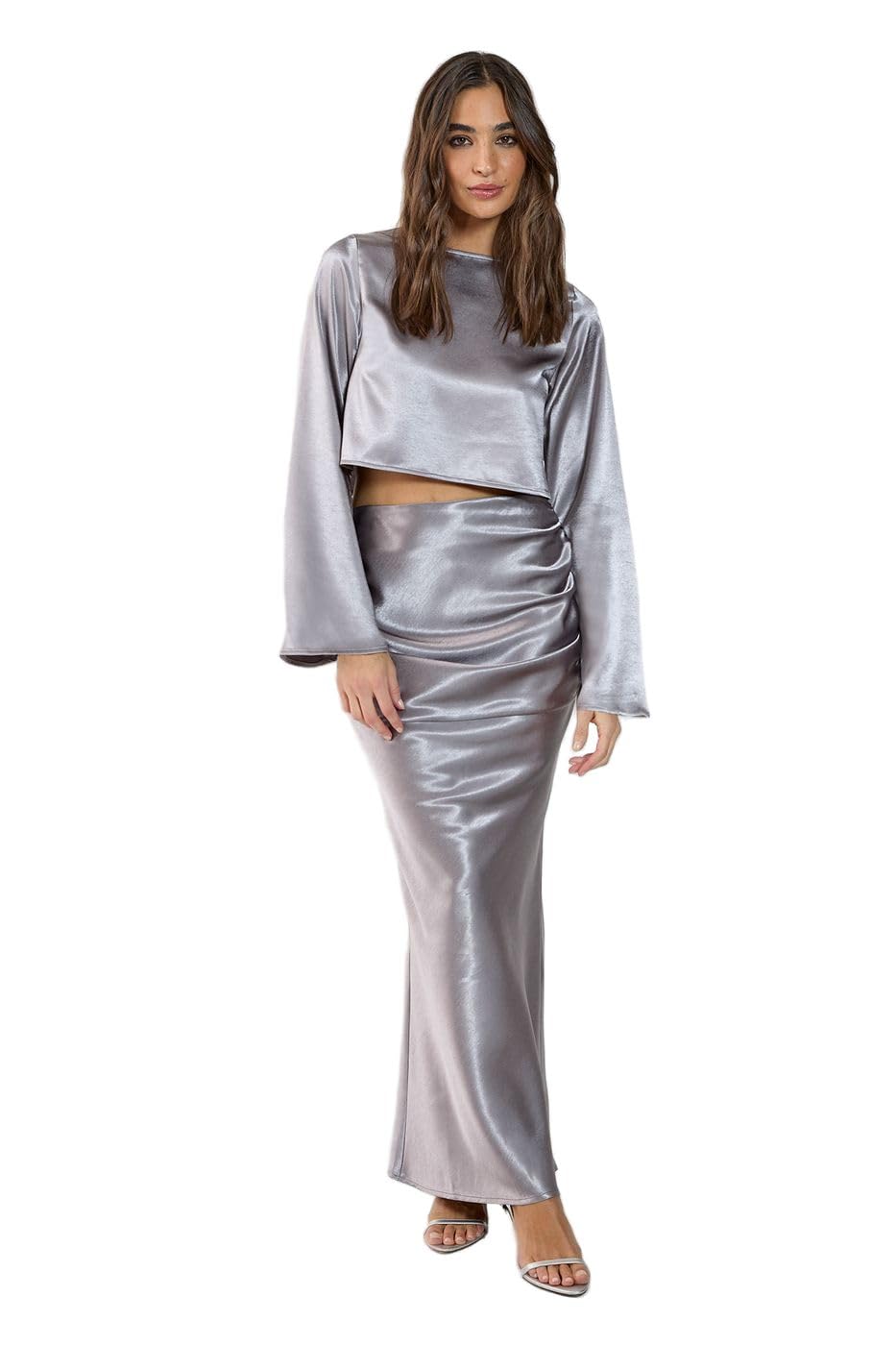 Nasty Gal Satin Ruched Maxi Skirt Co-Ord, 10, Silver