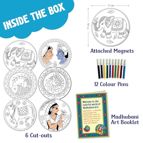 Image of SparkLPlay DIY Madhubani Art Kit for Kids. Coloring Set with - 6 Magnetic Cutouts, 12Color Pens & Booklet. Creative Art & Craft. Mess Free. Gifts for Kids.