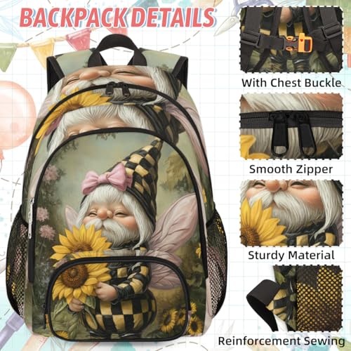 TropicalLife Honeybee Gnome Backpack with Lunch Box Set, Back Pack and Lunch Bag Honeybee Gnome Waterproof Casual Daypack Bag for Work Travel2