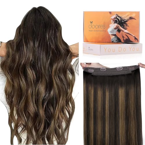 Image of DOORES Wire Hair Extensions 14 Inch 75g Remy Human Wire Hair Extensions Invisible Transparent Line Adjustable Hairpieces Secret Extensions Straight Hair Balayage Dark Brown to Chestnut Brown