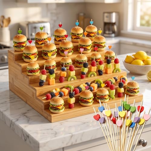 Bamboo Skewer Holder 6-Tier Skewer Holder Food Display with 100 Heart-Shaped Skewers Skewer Board for Family Gathering Outfit Appetizer Fruit Veggie Meat Cheese Holder for Party Wedding (5-Tier)