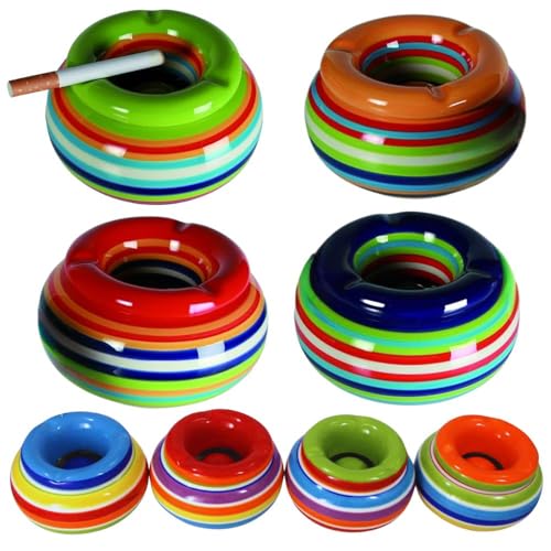 Posacenere in ceramica, posacenere da tavolo con coperchio, a strisce colorate (verde)