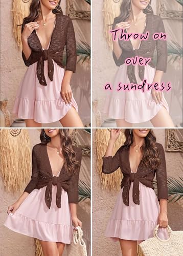 Image of Nulibenna Womens Sheer Shrug Sweaters 3 /4 Sleeve Open Front Tie Cardigan Bolero Jacket Lightweight Crochet Knit Cover Up Tops