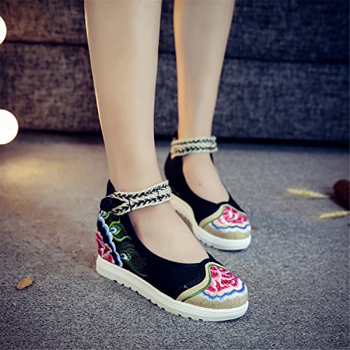 Qhome Women's Floral Peony Embroidery Ethnic Style Strappy Comfortable Casual Walking Canvas Flat Shoes2