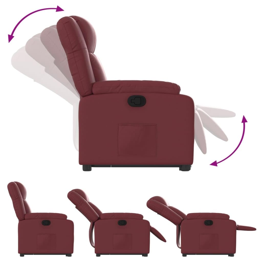 Fauteuil rehausseur inclinable en similicuir rouge vin avec moteur électrique et inclinaison manuelle à 135 degrés pour une assise confortable et un levage assisté