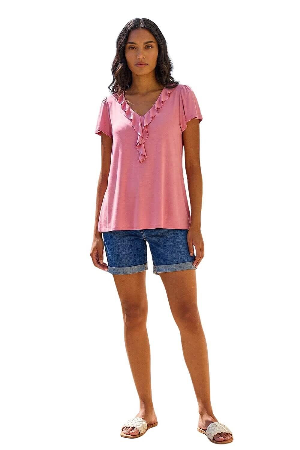 Roman Women's Pink Ruffle Front Stretch Top In | Size: 20