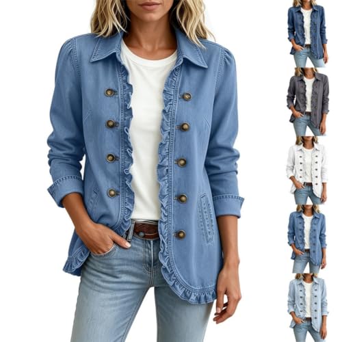 Denim Jacket for Women Fall Ruffle Trim Open Front Button Down Peplum Coat - image 1