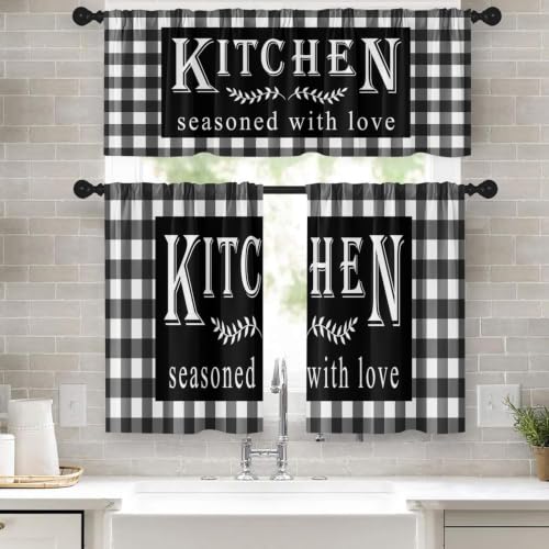Tayney Black and White Kitchen Window Curtains Valance and Tier Set 36 Inch Checked Buffalo Plaid Rod Pocket Short Tier Curtain for Bathroom Farmhouse Rustic Small Cafe Drapes for Kitchen Decor