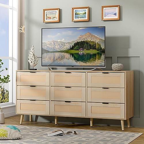 Anbuy 9 Drawer Dresser Dresser for Bedroom, Rattan Dresser Dual Rattan Chest of Drawers Modern Dresser for Bedroom with Rattan Door, Wood Chest of Drawers with Storage for Living Room (Natural) - Thumbnail 7