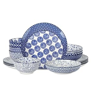Selamica Ceramic 16-Pieces Dinnerware Set, Ceramic Dishes Set for 4, Kitchen Plates and Bowls Sets, Dinner Plates Set for Salad Dessert, Cereal Bowls, Soup Plate Pasta Bowl(Vintage Blue) B