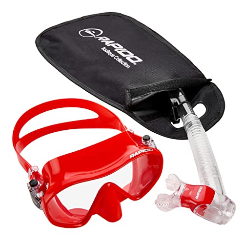 Rapido Boutique Collection Italian Design Premium Tempered Glass Lens Anti-Fog Panoramic View Frameless Snorkel Mask, Elite Dry Snorkel Tube, Quick Adjust Fins - Mask Fin Snorkel Set #TOP2