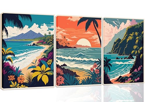3Pcs Hawaii Travel Wall Art Retro Exotic Tropical Canvas Posters Ocean Beach Prints Waves Landscape Pictures Vintage Mountain Paintings Wall Decor For Bedroom Living Room Artwork Framed