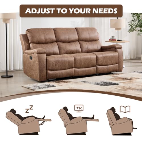 Image of CANMOV Faux Leather Manual Reclining Sofa,3 Seat Recliner Couch Sofa with Overstuffed Arms and Back,Manual Recliner Sofa Set with Concealed Cup Holders for Living Room,Nut Brown
