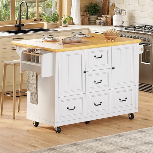 VIVCA Isla de cocina, armario, aparador, 120 x 73 (45) x 93 cm, carrito de cocina extensible con ruedas con toallero y estante para especias, estantes ajustables, dos puertas, cinco cajones, blanco