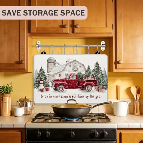 Image of Christmas Red Truck Stove Top Covers Pad 28 x 20 inches Dish Drying Mat Coffee Bar Mats Kitchen Decor Absorbent Pad Fit Coffee Maker Machine Dish Drying