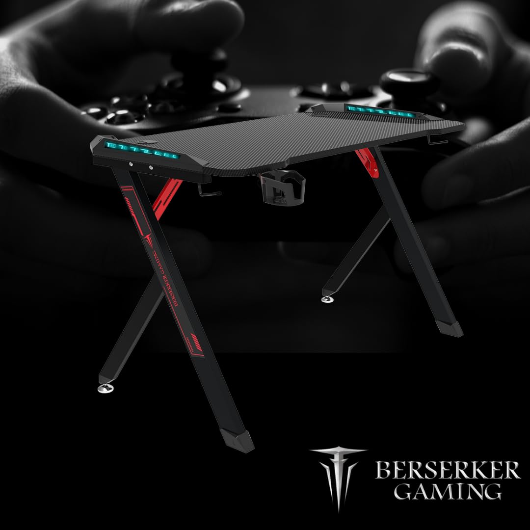 Mesa Gamer con LED, 113 x 60 x 75 cm, Superficie Resistente, Gestión de Cables, Negro