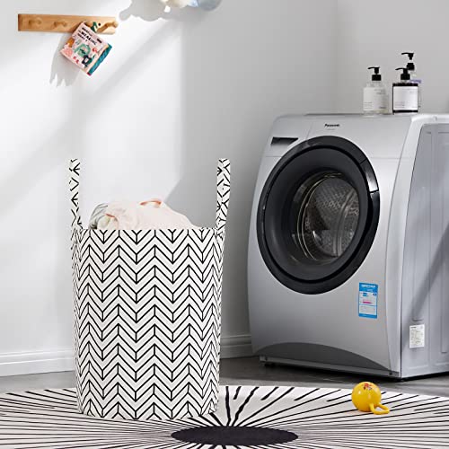 Image of Baby Laundry Basket Nursery Hamper with Long Handles, Black Geometry
