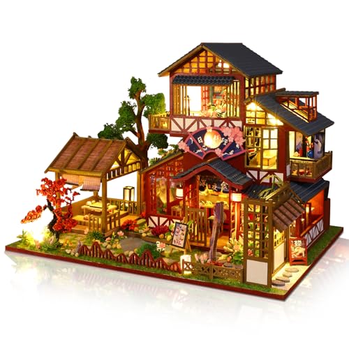 Hallisun DIY Miniature House Kit, Tiny 3D Wooden Japanese Sakura Restaurant, Mini Dollhouse Building Kit with Dustproof Cover & Music Movement, Sushi Shop Craft for Adults, Gift for Family & Friends