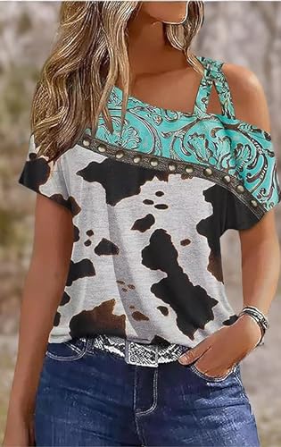 Criss-Cross Cold Shoulder Tops Shirt Women Sexy One Sided Shoulder Blouse Tee Casual Loose Vacation Tunics Top2