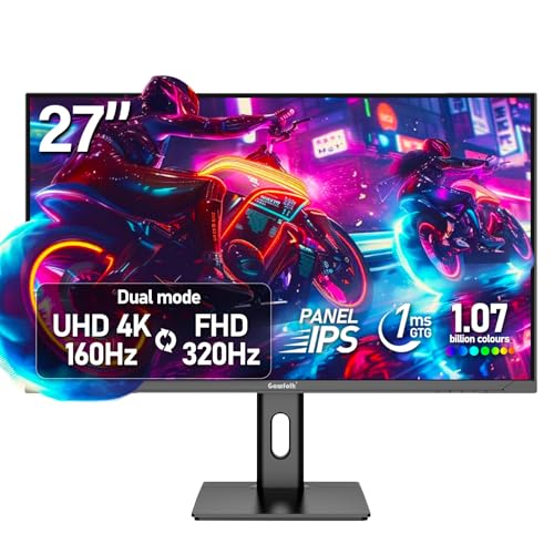 Gawfolk 27 Zoll 4K Gaming Monitor, UHD 160Hz/ FHD 320Hz Dual-Mode PC Monitor, IPS Computerbildschirm für Zuhause und Büro, Integrierte Lautsprecher, Pip/PBP, FreeSync, HDMI 2.1 & DP 1.4, VESA 75x75mm 1