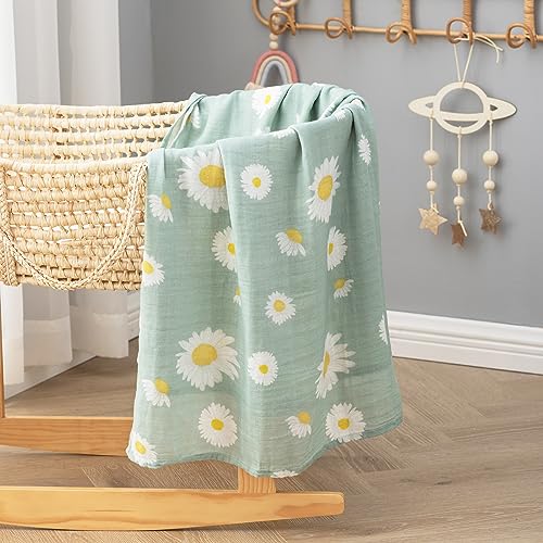 Image of BabyWhale Muslin Swaddle Blanket with Hat and Headband Bow, Daisy Pattern Swaddle Set for Baby Boys & Girls, Soft Receiving Blanket, 47x47 inches, Green