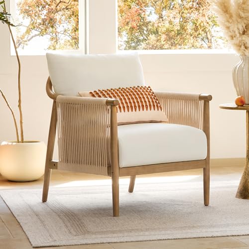 CHITA Braid Accent Chair, Modern Armchair with Solid Wooden Armrest for Living Room and Bedroom, Boho Reading Chair, Cream