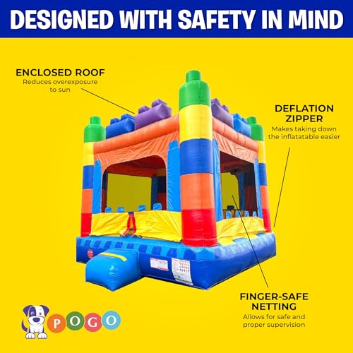 Pogo Bounce House Crossover Inflatable Bounce, Rainbow Building Blocks, 13 x 12 x 14.5 Foot, Outdoor Playhouse for Kids Outdoor Commercial Castle with Basketball Hoop, Blower, Stakes, & Storage Bag
