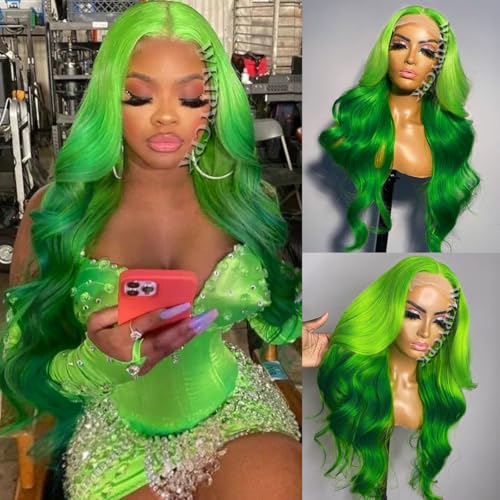 WKIPYCPK Green Synthetic Lace Front Wig Pre Plucked 24 Inch Long Body Wave Ombre Green Lace Front Synthetic Wig Natural Hairline Heat Resistant Fiber Hair Wigs for Fashion Women