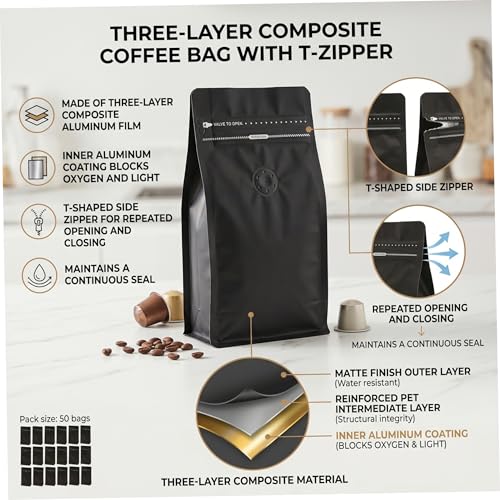 Bolsas de café en grano 2 libras con sello hermético resellable negra pack de 50 6