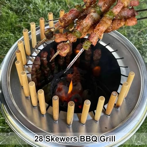 Przenośny grill bezdymny, grill kebabowy ze stali nierdzewnej z 28 szpikulcami i rusztem do gotowania, średnica 15,4 cala, do grillowania na świeżym powietrzu