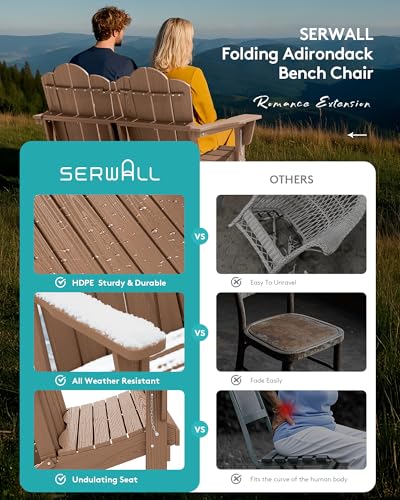 Image of SERWALL Folding Adirondack Bench, HDPE All-Weather, 660lbs Cap, Brown