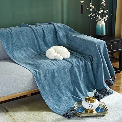 Dreamingo Sofa Covers For 3 Cushion Couch Solid Thickened Chenille Couch Cover Multi-Use Furniture Protector Cover For Dogs Cats Luxury Floral Jacquard Edge Universal Sofa Cover Blanket (Large, Blue) #TOP3