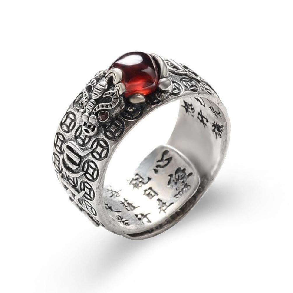 Weuitee Men's 2 Pixiu Buddhist Heart Sutra Ring Feng Shui Ring Opening Adjustable Mantra Amulet Protection Wealth Luck Ring Gift For Pixiu Feng Shui Ring