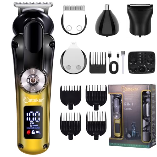 Image of HATTEKER HT-6150 Professional 5-in-1 Grooming Kit, Hair Clipper, Beard Trimmer, Nose Trimmer, Precision Trimmer & Body Trimmer, IPX6 Waterproof, LED Display GOLD