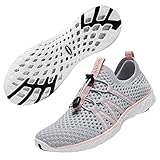 KOLILI Womens Aqua Shoes for Water Aerobic, Quick Drying Water Hiking Shoes, Breathable Slip on Water Shoes with Arch Support for Beach Swimming/Walking Gray/Pink Size 8.5