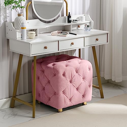 Setawix-Velvet-Bedroom-OttomanUpholstered-End-TableButton-Tufted-Vanity-Stool-ChairLiving-Room-Foot-Rest-Ottomans-StoolsCushioned-Entryway-Window-Seating-with-Gold-Metal-Legs-Pink Setawix Velvet Bedroom OttomanUpholstered End TableButton Tufted Vanity Stool ChairLiving Room Foot Rest Ottomans StoolsCushioned Entryway Window Seating with Gold Metal Legs Pink