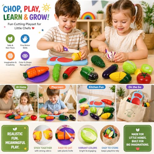 Image of PLUSPOINT Vegetable Cutting Toy Set for Kids, Pretend Play Kitchen Toys with Slicing Veggies, Toddler Learning Toys, Educational Play Food Set with Knife & Cutting Board, Gift for Boys Girls