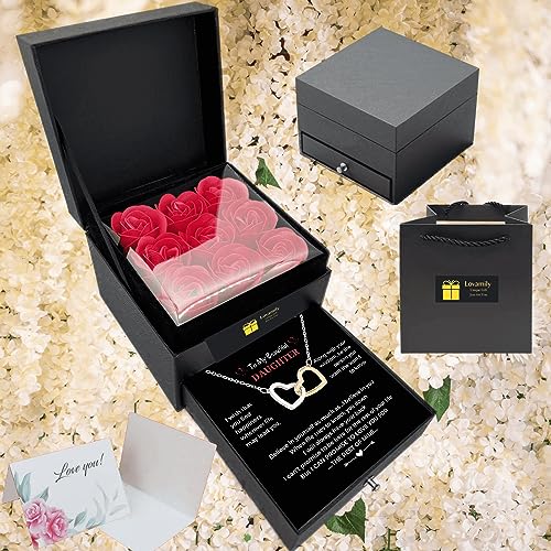 Daughter Necklace Gift from Mom Dad Interlock Heart Pendant with Message Card in Red Eternity Rose Flower Box Present on Birthday Mother's Day Christmas Graduation Mother Father3