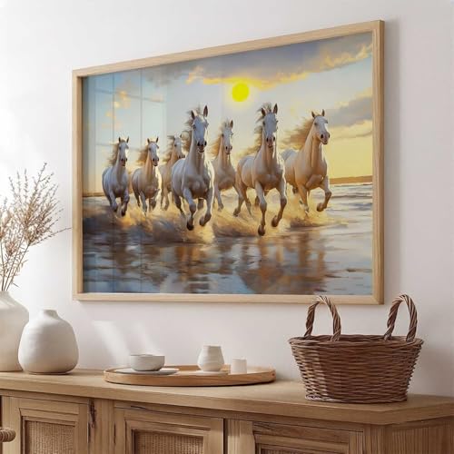 Image of HOTHOUSE 7 Horses Vastu Frame Wall Art Painting for Living Room Bedroom Office Home Decor | Seven Running Vastu Lucky Horse Rising Sun Painting Wall Decor Size (19X25 inch)