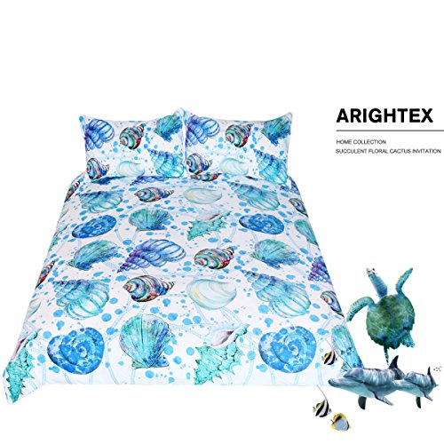 Arightex Indigo Ocean Seashells Bed Cover Set Aqua Spiral Turquoise Conch Shell Bedspread Coastal Theme Bedding (Full) #TOP1