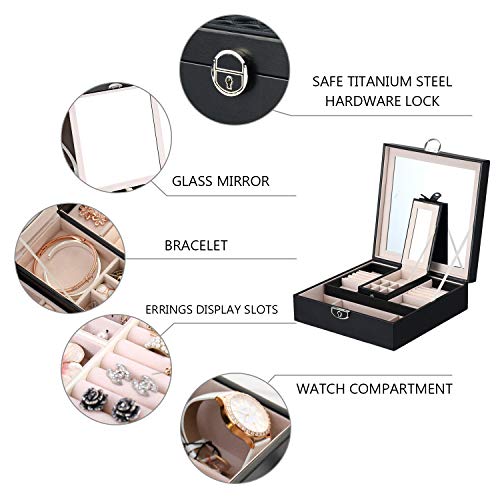 Goldwheat Women Jewelry Box Girls Travel Jewelry Case Organizer Pu Leather Storage With Lock & Large Mirror And Trays(Black) #TOP4