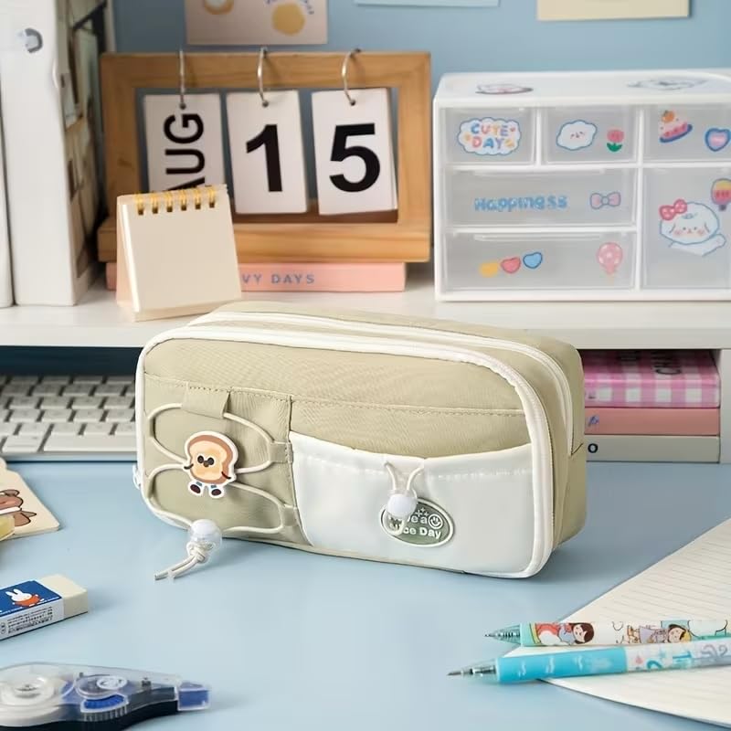Image of Alokik Cute Bread Yellow Pencil Pouch for Girls & Kids, Multi-Layer Large Capacity Pen Case with Compartments, Mesh Pocket & Zipper, Aesthetic School Stationery Organizer Bag(Bread - Green)