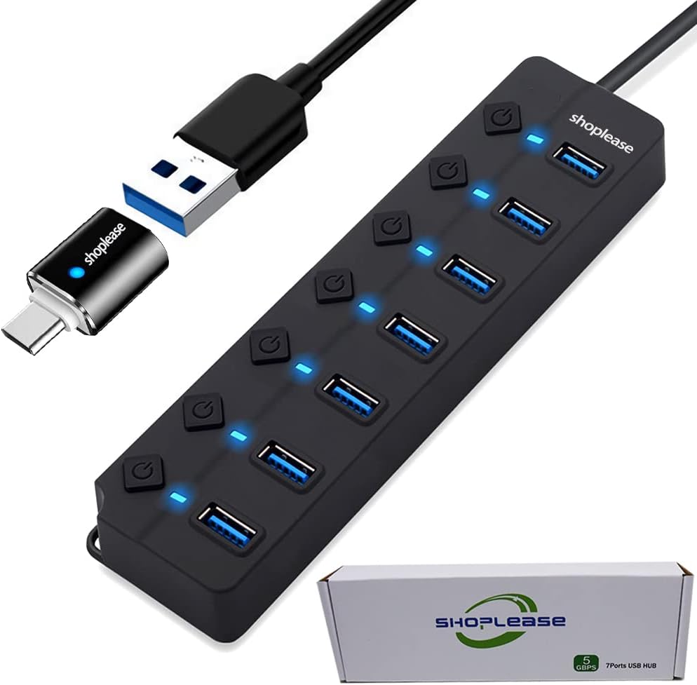 7-Port USB 3.0 Hub with Individual Power Switches and Lights, High-Speed Data Hub Splitter with TYPE C Adapter, Portable USB Extension Hub for PC Laptop and More (No Power Adapter)
