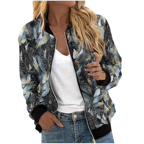 Womens Bomber Jacket Long Sleeve Zip Up Floral Outerwear Lightweight Loose Casual Fall Street Style Coats with Pockets