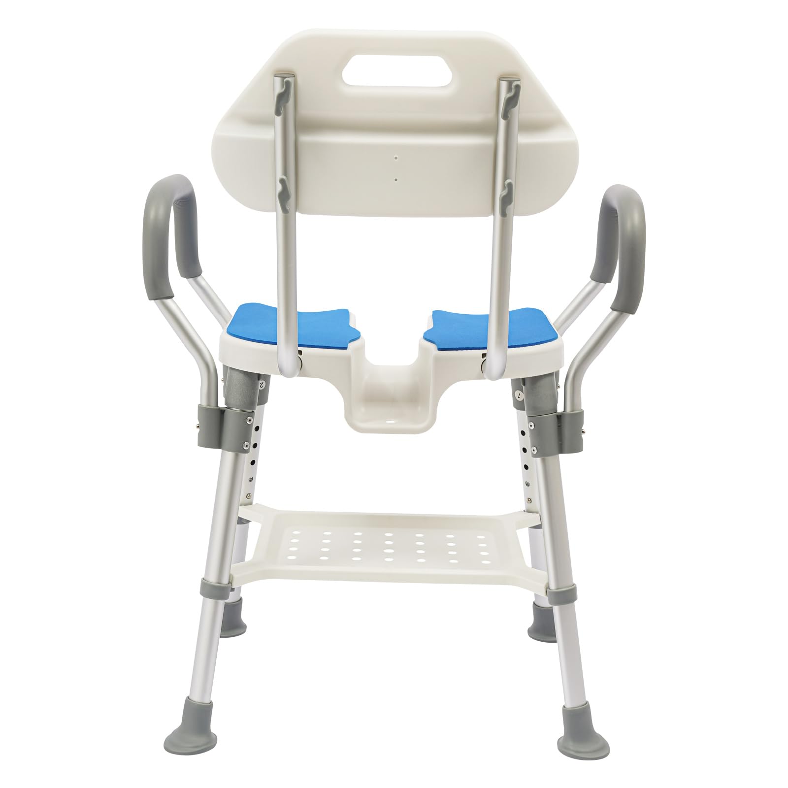 Taburete de ducha con respaldo, 5 niveles de altura regulable 38-48 cm, silla de baño con capacidad de carga de 150 kg, asiento de ducha con reposabrazos, asiento de ducha antideslizante