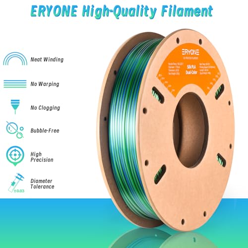 Image of ERYONE Silk Dual Color PLA Filament 3D Printer 1.75mm + /- 0.03mm, Bicolor Filament Two Tone PLA 250g(0.55lbs) Cardboard Spool, Blue Green