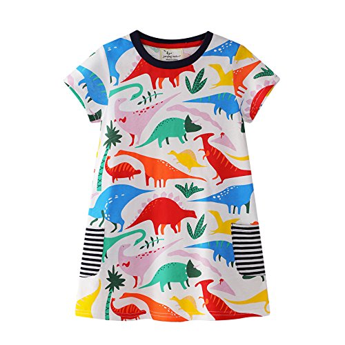 CHJUZI Bébé Fille Summer Printing Dinosaure Manches Courtes Coton Vêtements Autour Cou Robes (Height (100cm) 4T) Cover