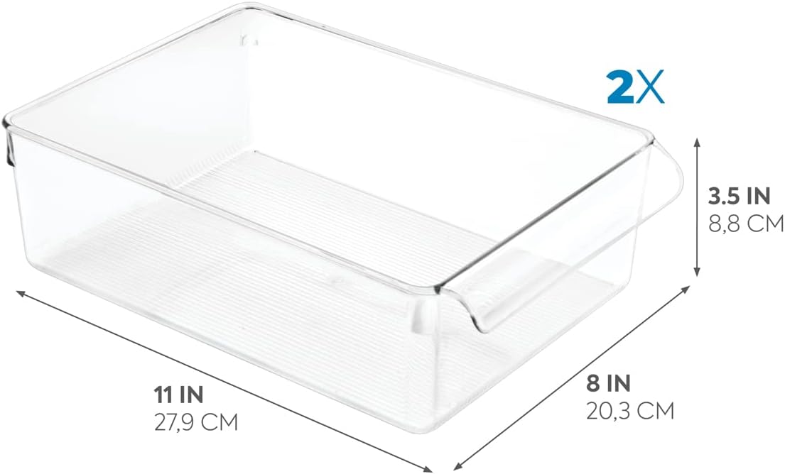 iDesign Linus Plastic Fridge and Freezer Storage Organizer Bin, Clear Container for Food, Drinks, Produce Organization, BPA-Free , 8" x 11" x 3.5", Set of 2, Clear